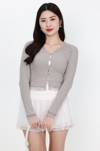 BACKORDER | Rayn Ribbed Lace Trim Cardigan in Light Grey
