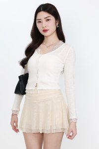 Rayn Ribbed Lace Trim Cardigan in White
