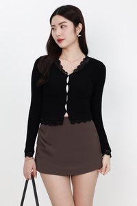 BACKORDER | Rayn Ribbed Lace Trim Cardigan in Black
