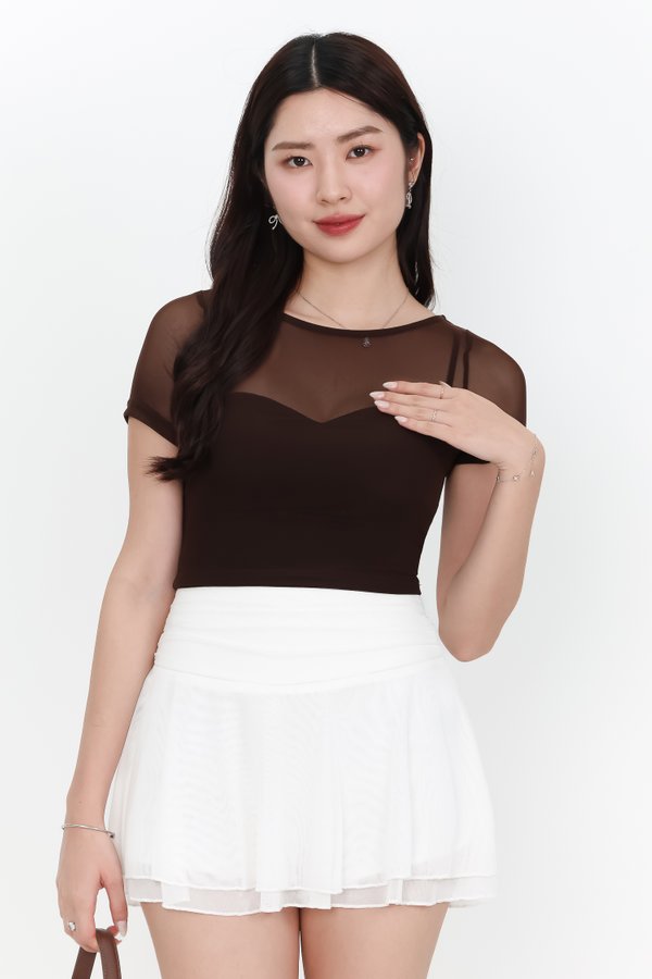 DEFECT | Miara Mesh Overlay Tee in Dark Brown in S DEFECT | Miara Mesh Overlay Tee in Dark Brown in S