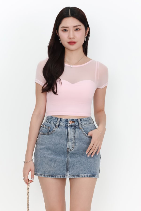 Miara Mesh Overlay Tee in Light Cool Pink Miara Mesh Overlay Tee in Light Cool Pink