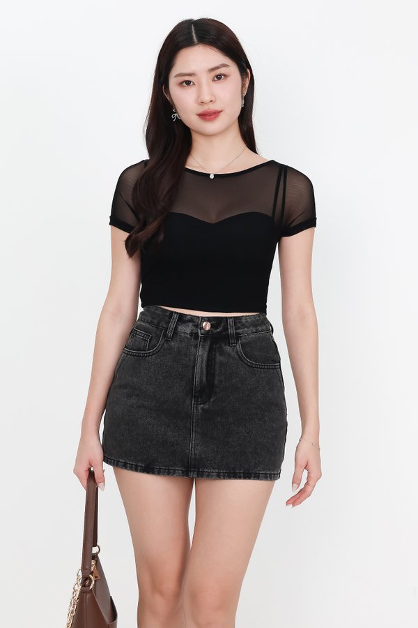 Miara Mesh Overlay Tee in Black