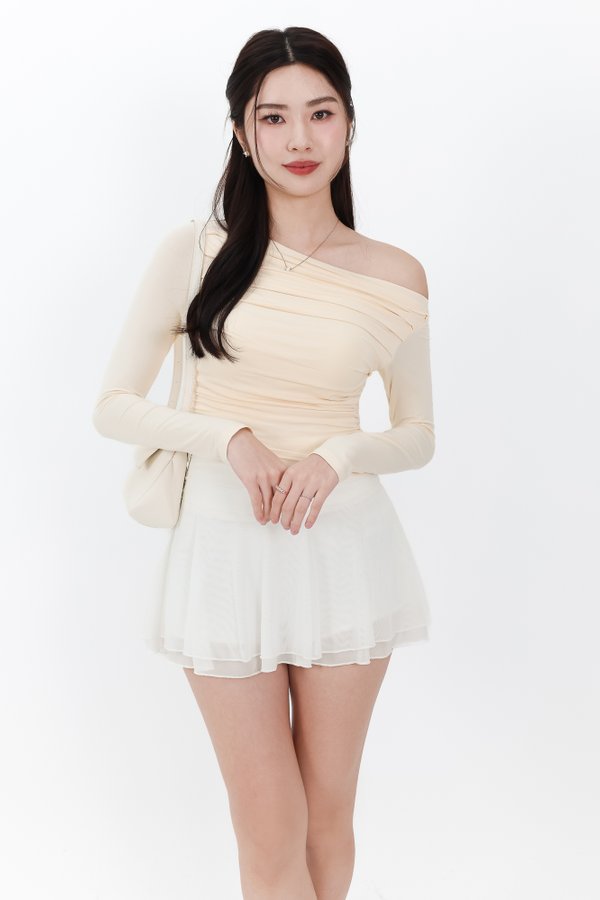 Orilea One Shoulder Ruched Sleeved Top in Pale Yellow