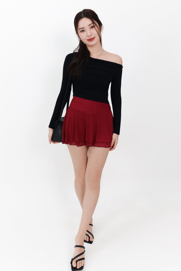 Orilea One Shoulder Ruched Sleeved Top in Black