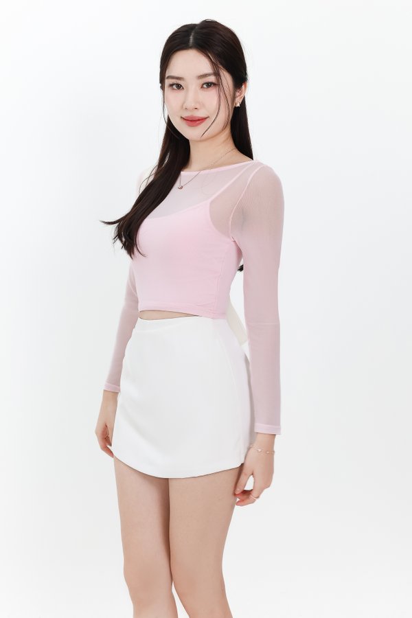 DEFECT | Mia Mesh Overlay Sleeved Top in Light Cool Pink in S DEFECT | Mia Mesh Overlay Sleeved Top in Light Cool Pink in S