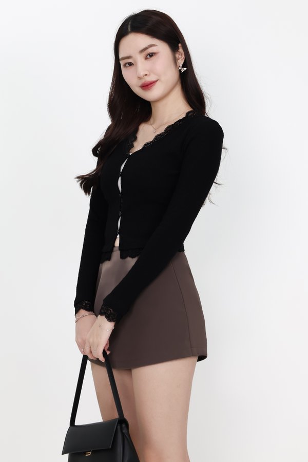 Rayn Ribbed Lace Trim Cardigan in Black