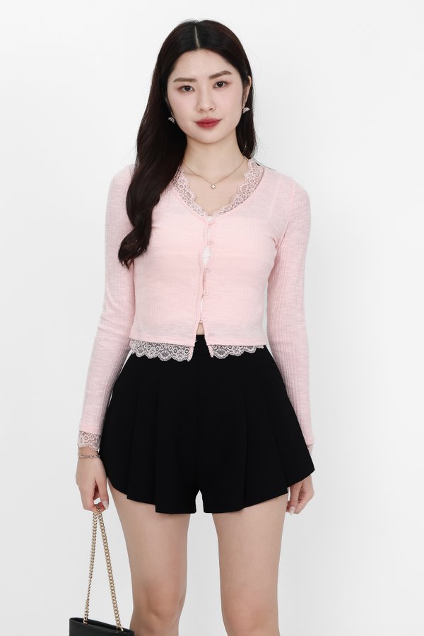 Rayn Ribbed Lace Trim Cardigan in Pink Rayn Ribbed Lace Trim Cardigan in Pink