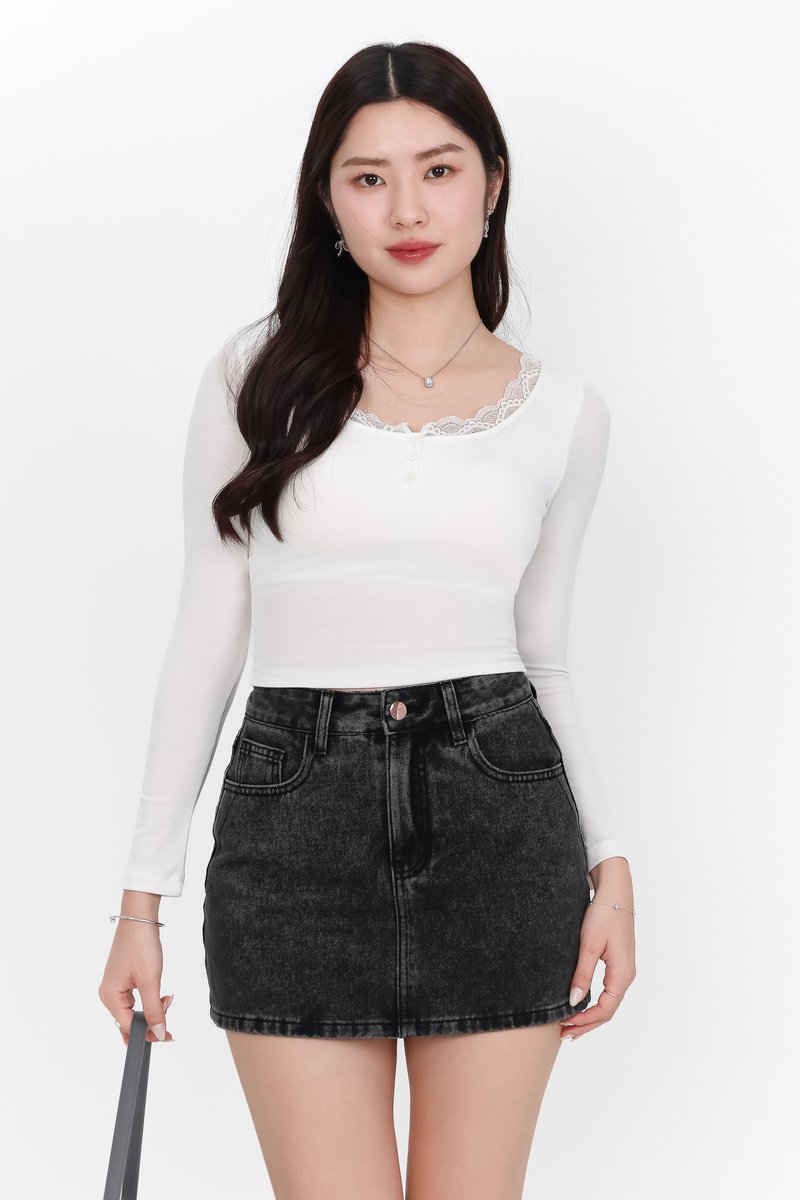 Lasey Lace Trim Sleeved Top in White
