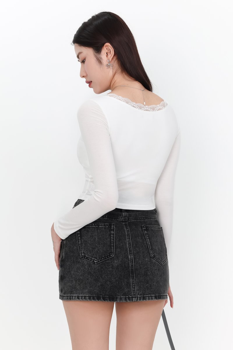 Lasey Lace Trim Sleeved Top in White