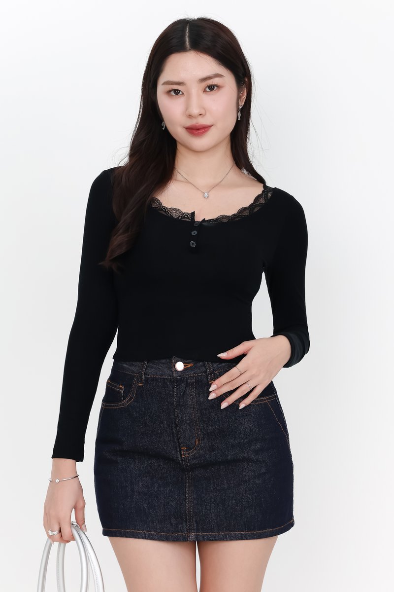 Lasey Lace Trim Sleeved Top in Black