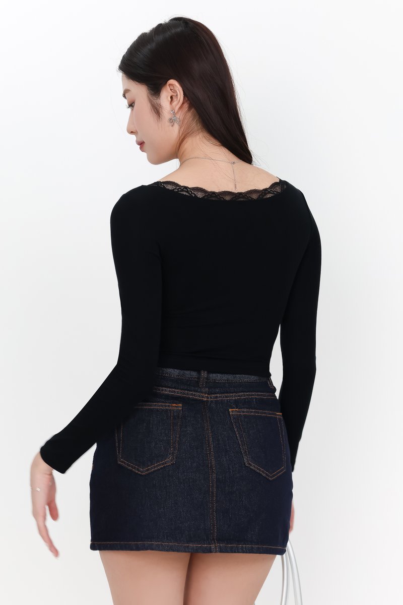 Lasey Lace Trim Sleeved Top in Black