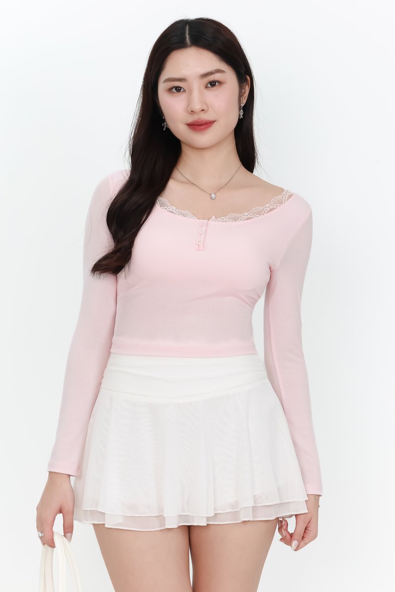 Lasey Lace Trim Sleeved Top in Light Pink