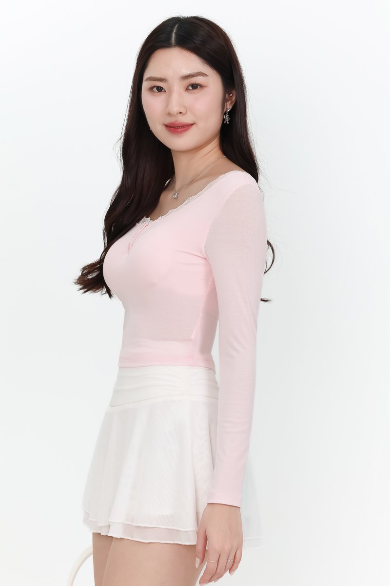 Lasey Lace Trim Sleeved Top in Light Pink