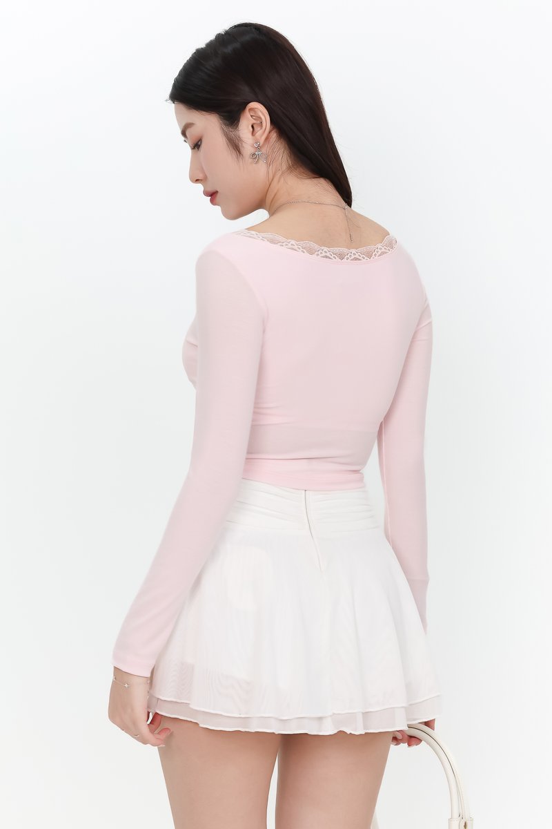 Lasey Lace Trim Sleeved Top in Light Pink
