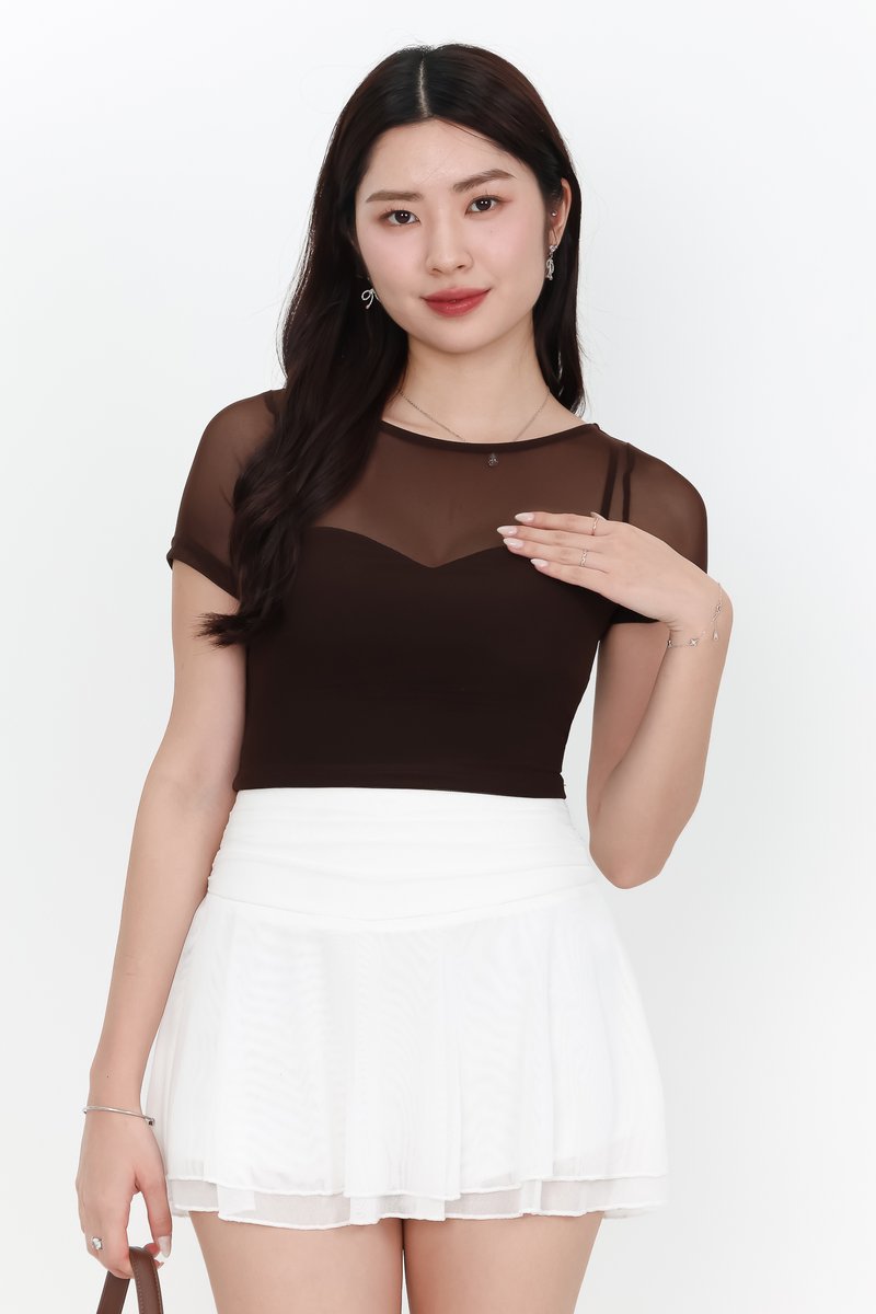 Miara Mesh Overlay Tee in Dark Brown