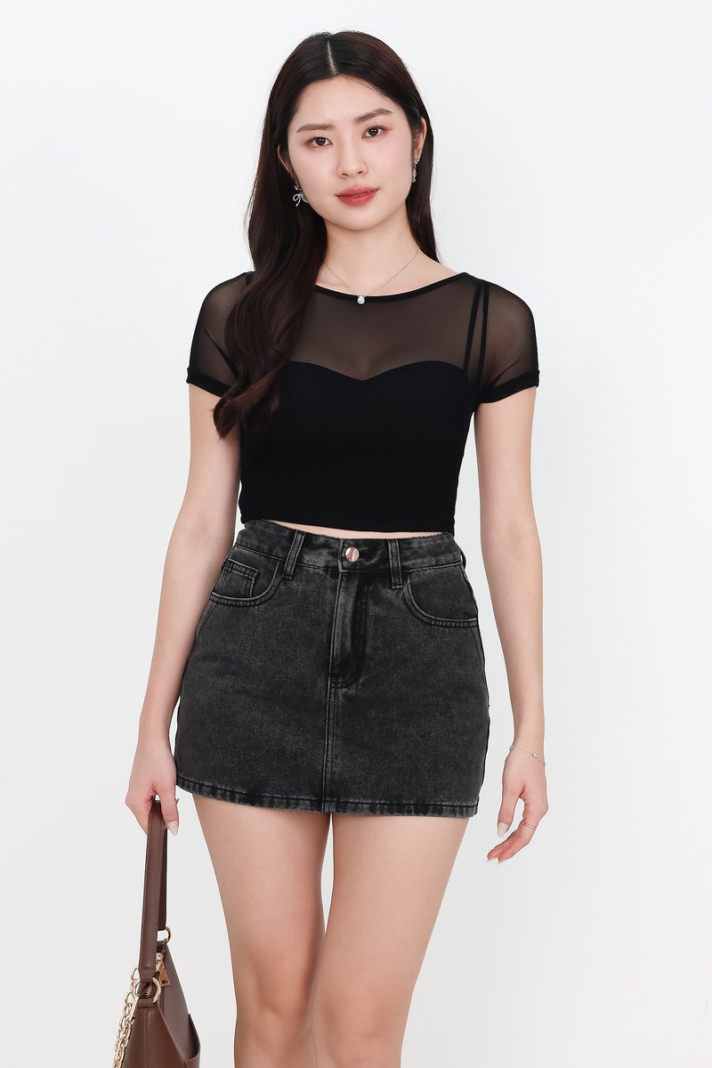 Miara Mesh Overlay Tee in Black