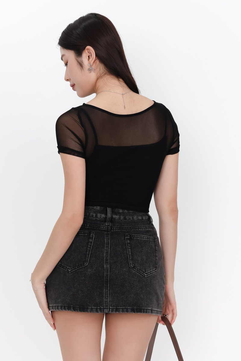 Miara Mesh Overlay Tee in Black