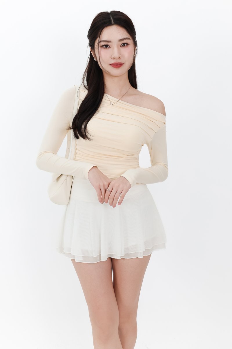 Orilea One Shoulder Ruched Sleeved Top in Pale Yellow