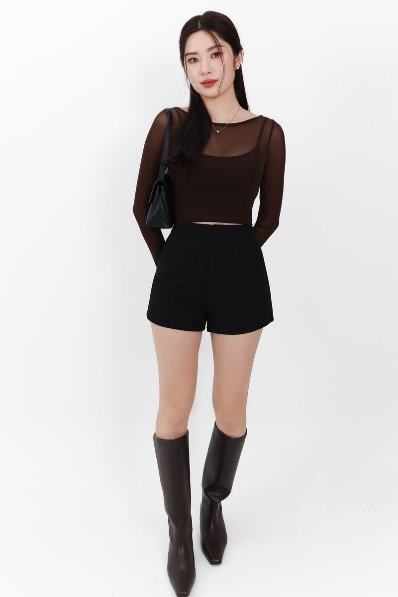 Mia Mesh Overlay Sleeved Top in Dark Brown