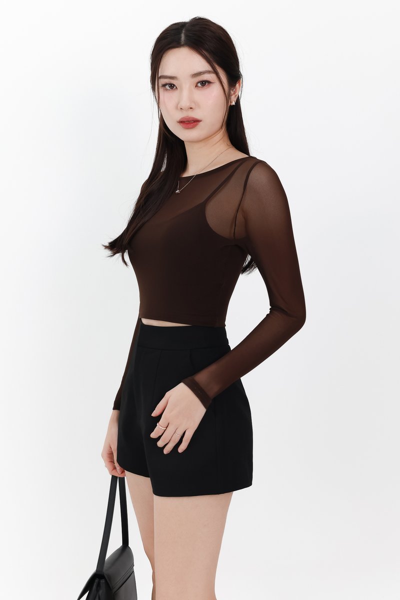 Mia Mesh Overlay Sleeved Top in Dark Brown