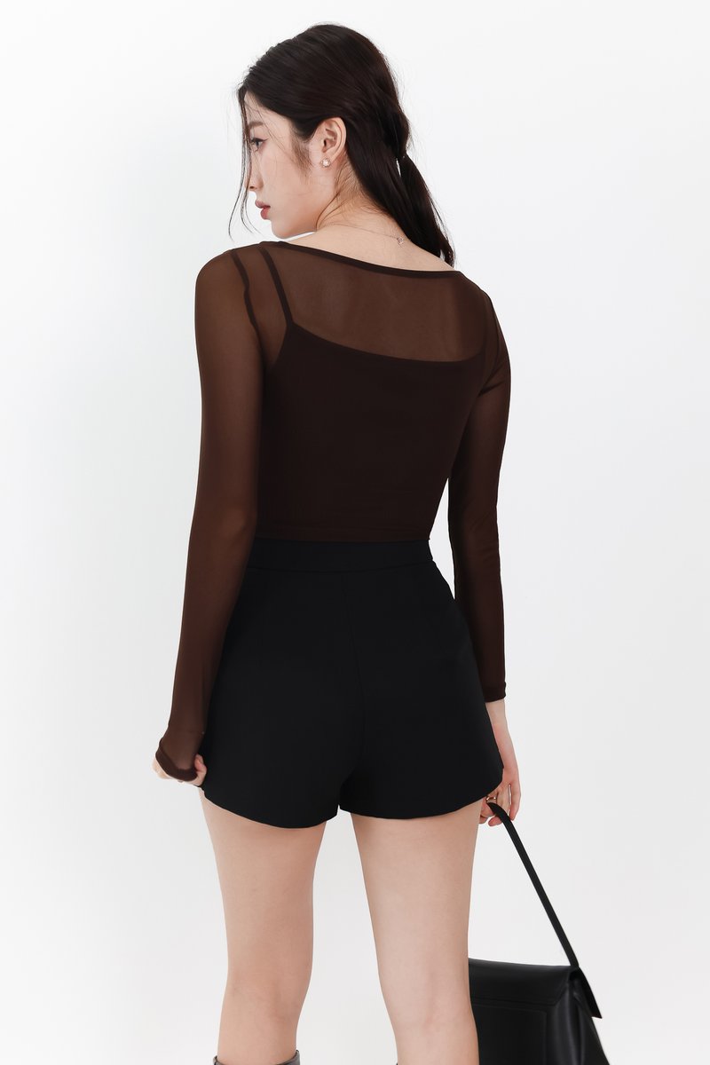 Mia Mesh Overlay Sleeved Top in Dark Brown