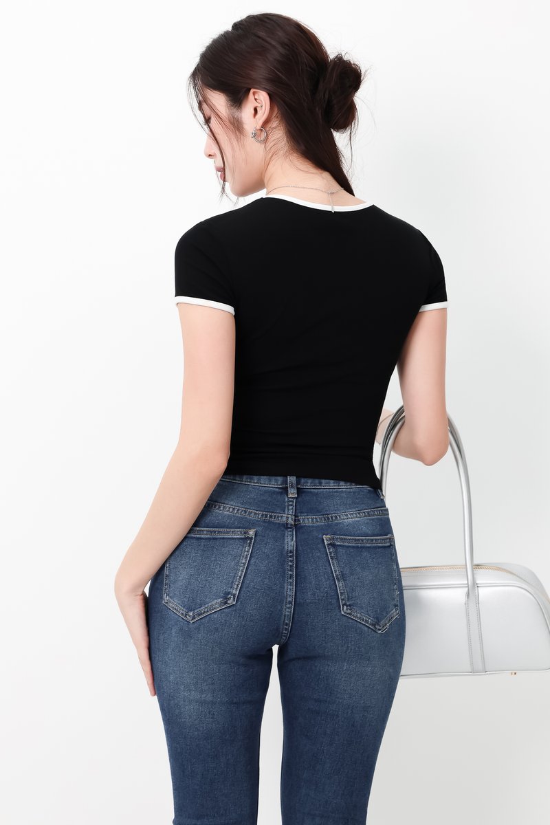 Corrine Contrast Trim Baby Tee in White x Black