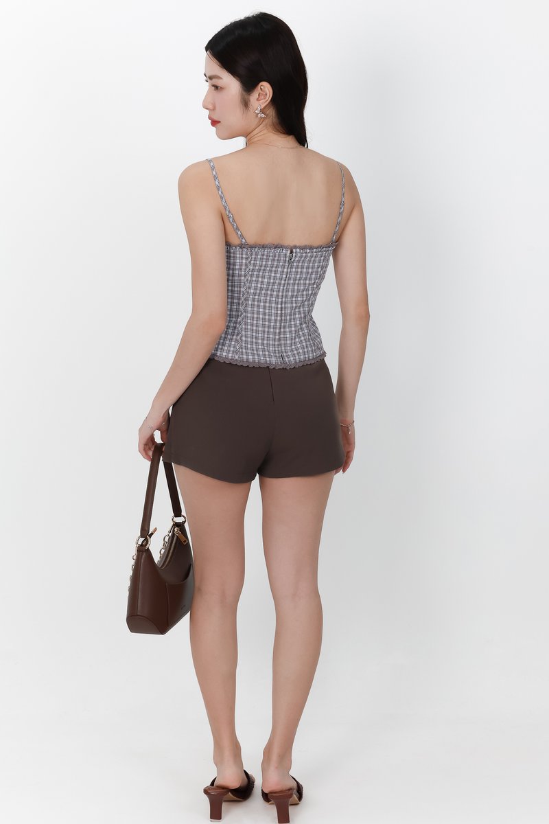 BACKORDER | Piona Plaid Bustier Top in Brown Grey Plaid