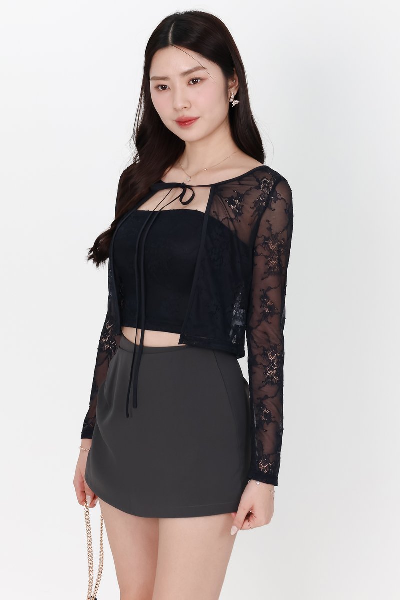 Lynn Lace Cardigan Top Set in Midnight Black
