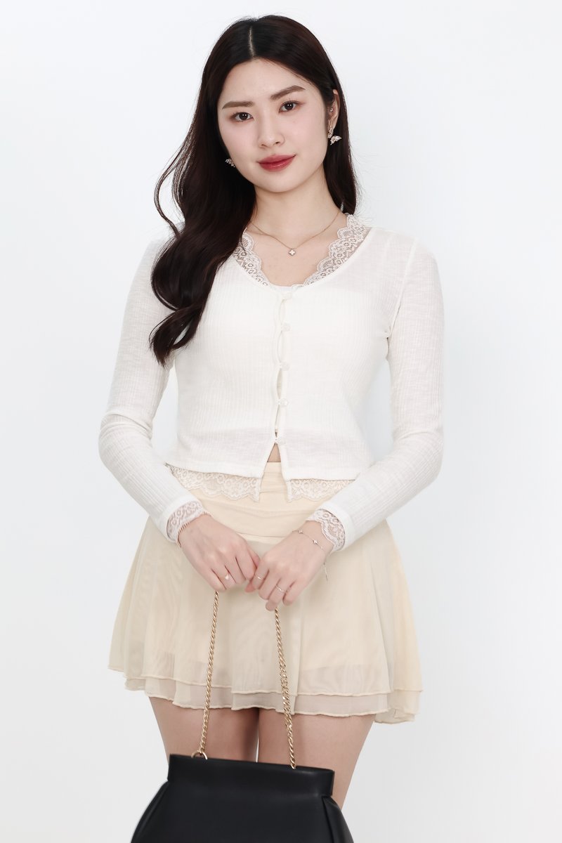 Rayn Ribbed Lace Trim Cardigan in White