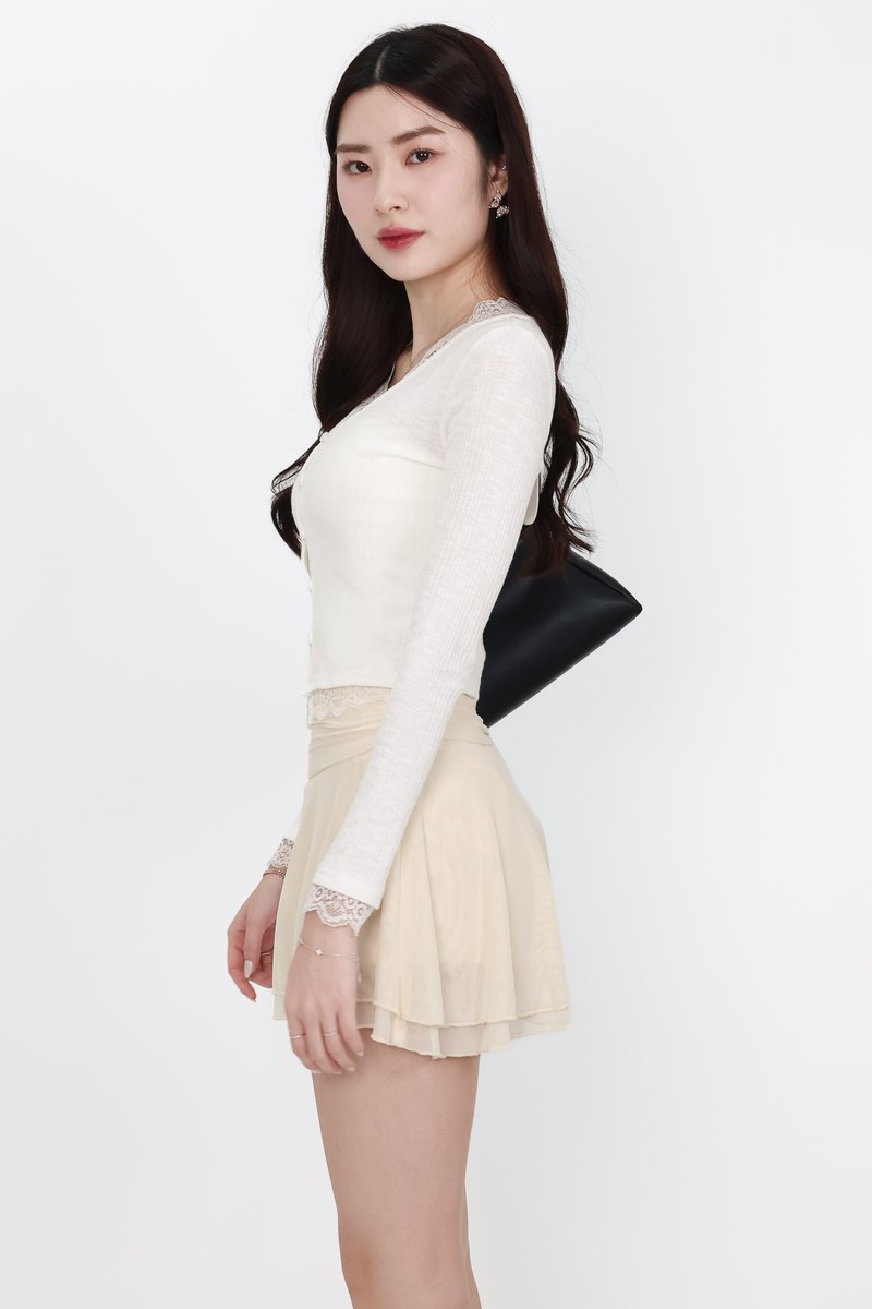 Rayn Ribbed Lace Trim Cardigan in White