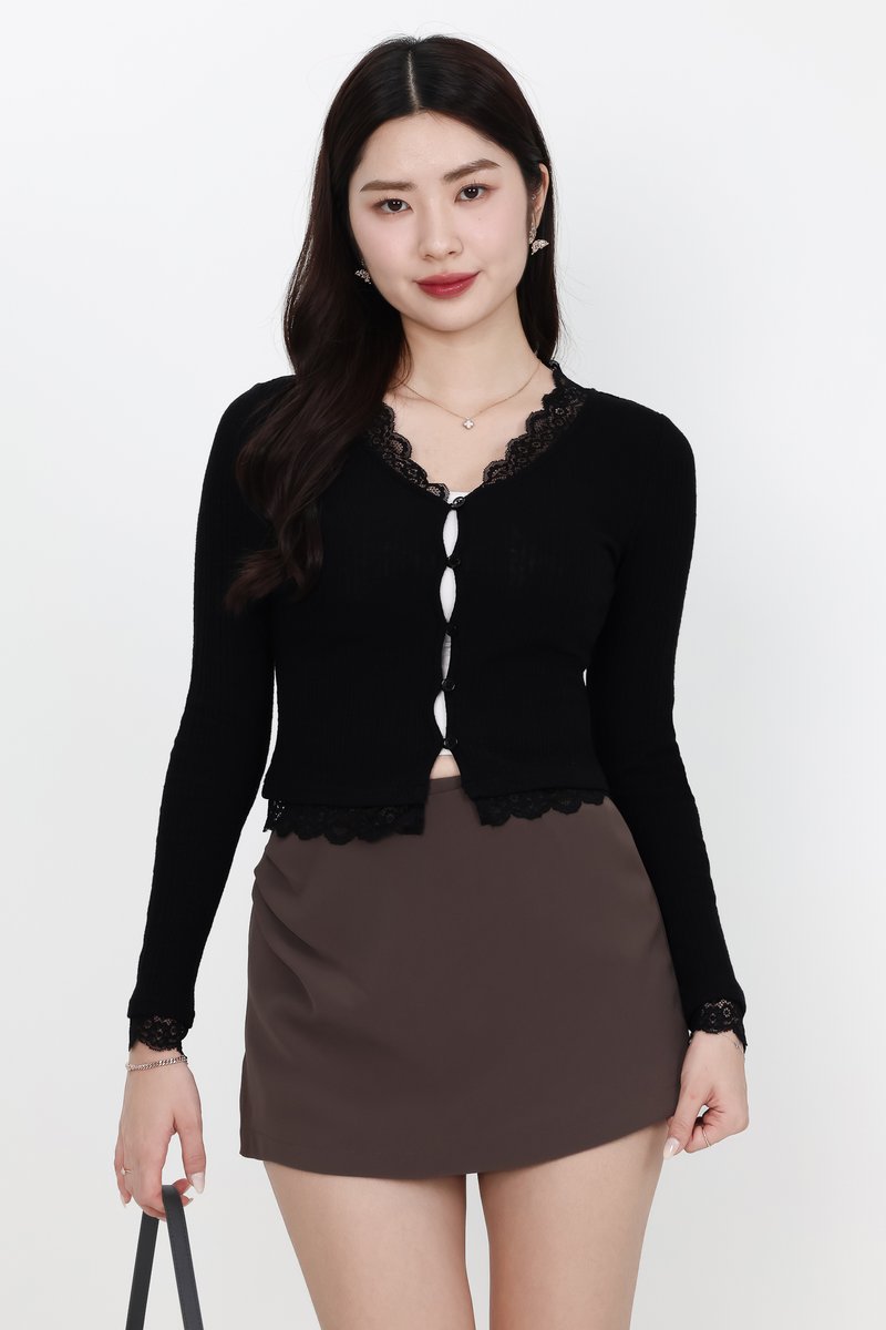 BACKORDER | Rayn Ribbed Lace Trim Cardigan in Black