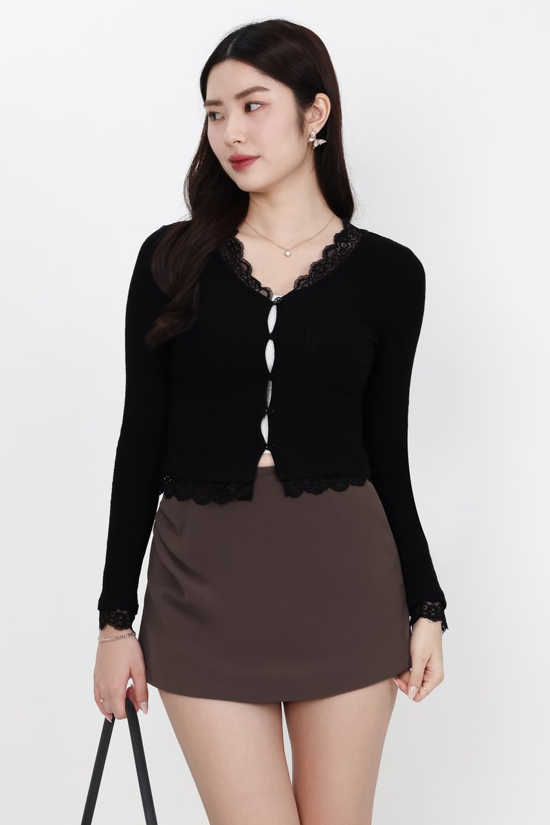 BACKORDER | Rayn Ribbed Lace Trim Cardigan in Black