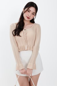 Phelia Pointelle Knit Cardigan Top in Nude Beige