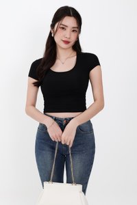 Rwella Ruched Round Neck Tee in Black