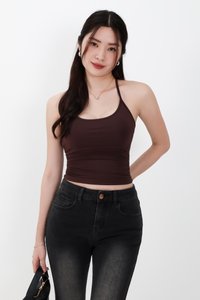 BACKORDER | Rena Ruched Halter Top in Dark Brown