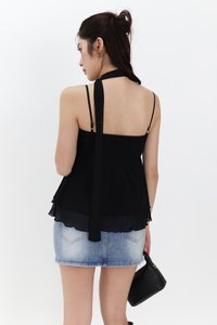 Maisie Mesh Babydoll Top with Sash in Black