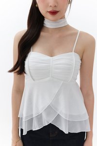 Maisie Mesh Babydoll Top with Sash in White