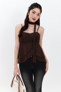 Maisie Mesh Babydoll Top with Sash in Dark Brown