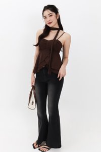 Maisie Mesh Babydoll Top with Sash in Dark Brown