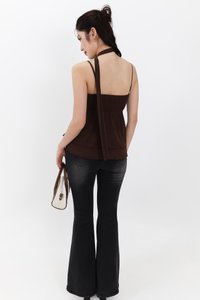 Maisie Mesh Babydoll Top with Sash in Dark Brown