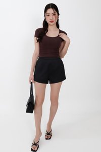 Rwella Ruched Round Neck Tee in Dark Brown