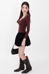 BACKORDER | Helena Halter Long Sleeve Top in Dark Chocolate Brown
