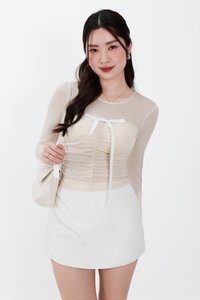 Hazelle Half Sheer Long Sleeve Tee in Light Cream Yellow