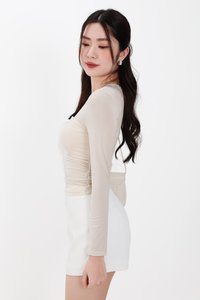 Hazelle Half Sheer Long Sleeve Tee in Light Cream Yellow