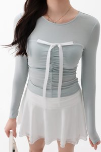 Hazelle Half Sheer Long Sleeve Tee in Soft Mint