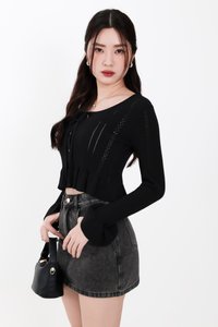 Phelia Pointelle Knit Cardigan Top in Black Phelia Pointelle Knit Cardigan Top in Black