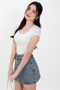 Rwella Ruched Round Neck Tee in White