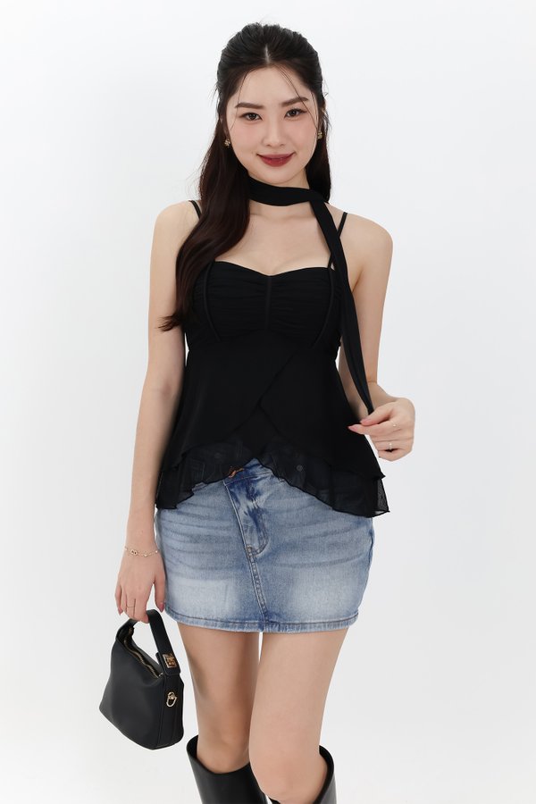 Maisie Mesh Babydoll Top with Sash in Black Maisie Mesh Babydoll Top with Sash in Black