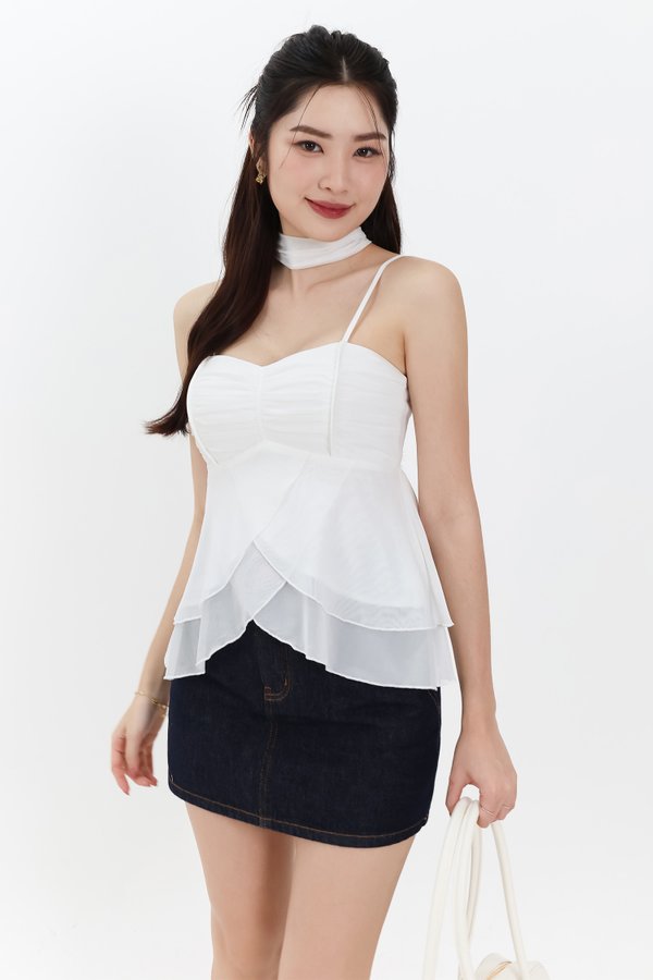 Maisie Mesh Babydoll Top with Sash in White Maisie Mesh Babydoll Top with Sash in White