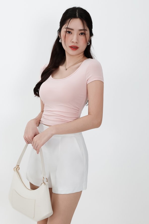 DEFECT | Rwella Ruched Round Neck Tee in Light Pink in S